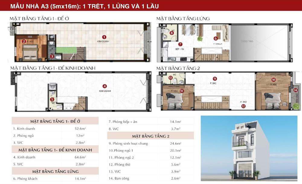 Mẫu nhà A3 (5mx16m): 1 trệt, 1 lửng và 1 lầu