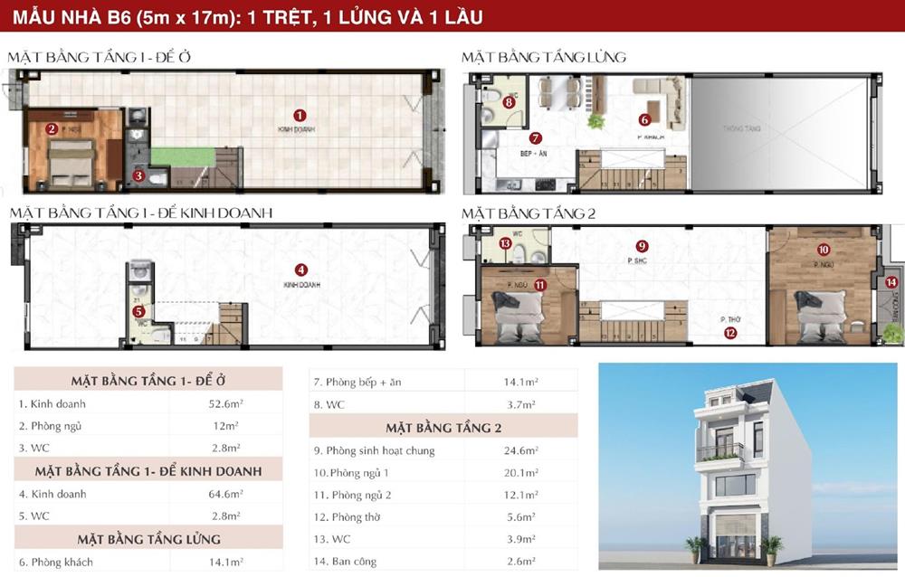 Mẫu nhà B6 (5mx17m): 1 trệt, 1 lửng và 1 lầu