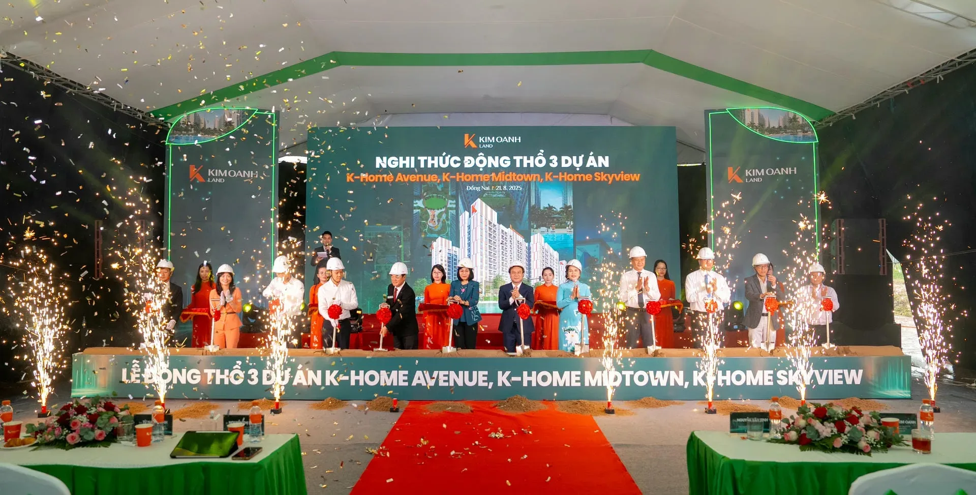 Lãnh đạo Bộ Xây dựng, lãnh đạo tỉnh Đồng Nai, lãnh đạo Kim Oanh Group cùng Kim Oanh Land thực hiện nghi thức động thổ 3 dự án nhà ở xã hội K-Home Avenue, K-Home Midtown, K-Home Skyview.